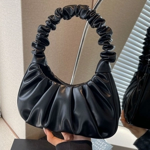 Women Pleated Underarm Bag Ruched PU Leather Cloud Hobo Bag Magnetic Closure Fashion Streetwear Half Moon Shape