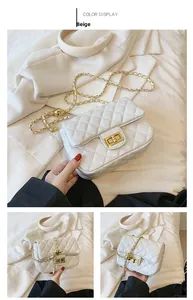 Detail of beige quilted chain bag featuring a gold square turn-lock and adjustable ball buckle