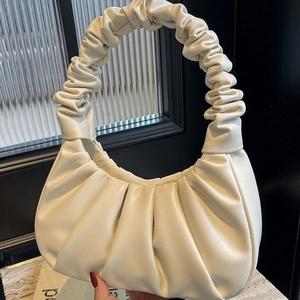 Chic cream white pleated underarm cloud bag in soft faux leather for women