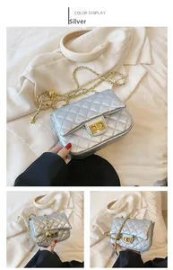 Detailed views of silver quilted chain bag with metallic finish and gold ball strap