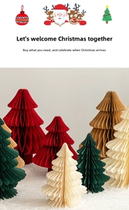 Macro view of textured honeycomb paper Christmas trees in assorted festive colors