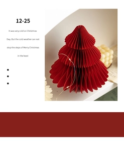 Macro detail of red honeycomb paper Christmas tree with warm festive ambient lighting