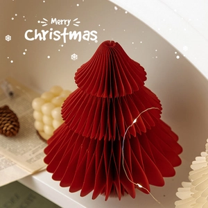 Red honeycomb paper Christmas tree with LED lights for 2025 holiday home tabletop decor