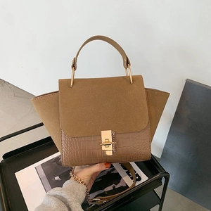 Brown frosted suede crossbody bag with crocodile texture and gold chain strap