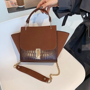 Brown matte suede and croc-embossed leather handbag with gold chain strap for women