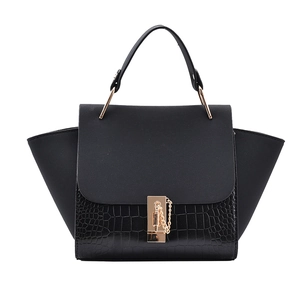 Elegant black trapeze wing bag with crocodile embossed texture and gold hardware