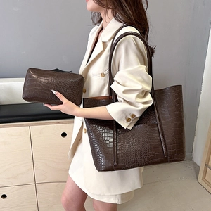 Dark brown crocodile embossed tote bag set with matching clutch and shoulder straps