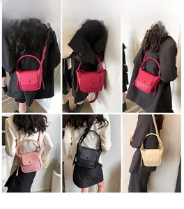 Collage of model wearing minimalist litchi grain crossbody bags in five stylish colors