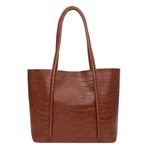 Brown crocodile embossed leather tote bag with dual shoulder straps in a minimalist style