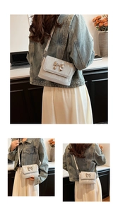 Detail shot of light gray crossbody bag with golden butterfly buckle and leather texture