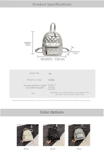 Detailed size specifications for quilted mini backpack in silver, white, and black colors