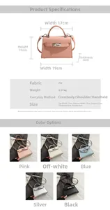 Detailed size specifications and multi-color options for the stylish PU leather handbag