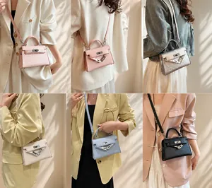 Multi-angle view of trapezoid crossbody bags in five colors worn by a model