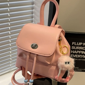 Mini zaino rosa da donna con coulisse di perline e ciondolo di peluche carino