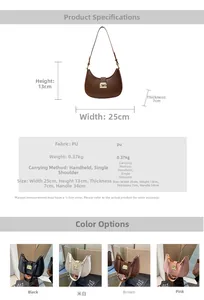 Tableau des tailles pour sac sous le bras en cuir PU, dimensions 25x13x7cm
