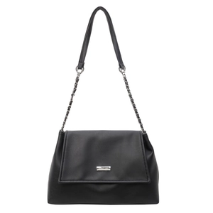 Minimalist black faux leather tote bag with silver chain strap and metal logo plate