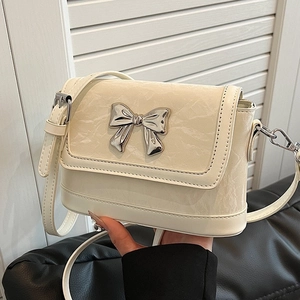 Women Crossbody Bag PU Leather Marble Texture With Metal Bowknot Chic Small Square Shoulder Bag For Daily Fashion
