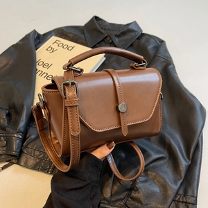Women Vintage PU Leather Square Crossbody Bag Fashion Stitching Flap Shoulder Bag With Top Handle Metal Buckle Handbag