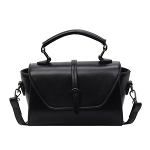 Elegant black leather crossbody satchel bag with top handle and metal lock buckle