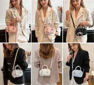 Close-up of velvet texture handbag with pearl bow and heart charm on various colors