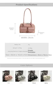 Detail view of multi-pocket PU crossbody bag with silver zippers and size 26x16x9cm