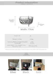 Detailed size specifications and three color options for the quilted chain crossbody bag