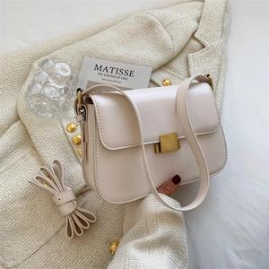 Minimalist cream white square crossbody bag with gold buckle on tweed jacket