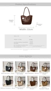 Size chart and detail view of high-capacity tote bag in black, brown, and khaki PU leather