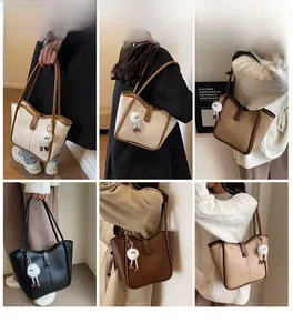 Multiple views of a minimalist leather tote bag styled with various casual outfits