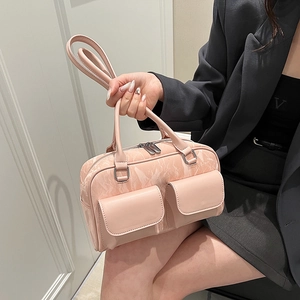 Women Underarm Shoulder Bag PU Leather Marble Texture Baguette Bag With Double Front Pockets Vintage Street Style Handbag