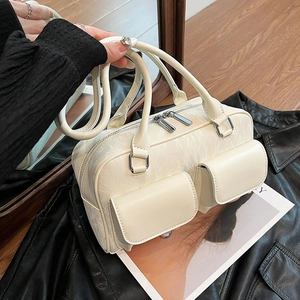 White marble pattern faux leather shoulder bag with double pockets and vintage design