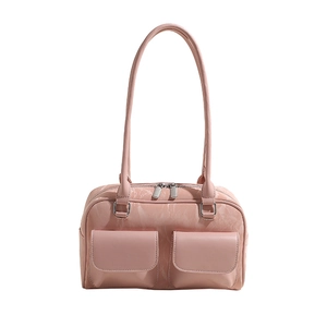 Pink underarm baguette bag with marble texture and double front pockets for women