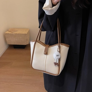 PU Leather Bucket Bag Large Capacity Single Shoulder Tote With Plush Monster Pendant Fashion Casual Street Style Women
