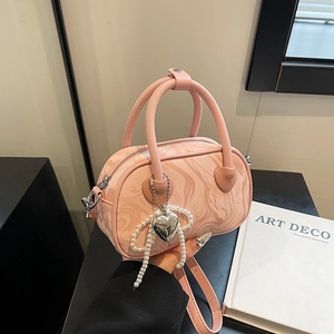 Women Marble Texture PU Leather Handbag Heart Decor Shoulder Bag With Pearl Bow Pendant Chic Crossbody Purse