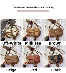 Close-up of retro color-block handbags in six colors with gold metal buckles