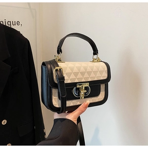 Detail of contrast handbag featuring beige geometric embossing and golden T-bar lock
