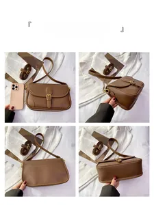 Detailed four-way view of a vintage brown pebble leather saddle bag with gold hardware