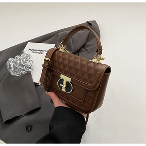 Detailed view of dark brown crossbody bag featuring triangle embossing and gold metal lock