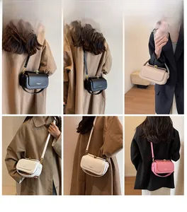 Detail showcasing minimalist square crossbody bags in black, beige, white, and pink leather