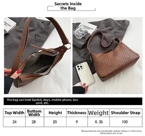 Tabella taglie dettagliata per la borsa hobo in pelle intrecciata marrone e vista interna