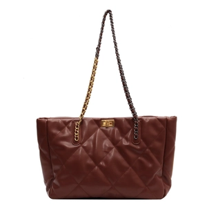 Quilted tote bag in dark reddish brown with gold square lock and mixed metal chains