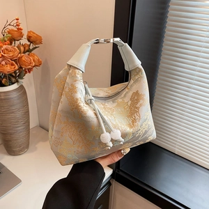 New Chinese Style Jacquard Crossbody Bag Vintage Landscape Floral Print PU Leather Shoulder Bag With Artificial Pearl Bead Charm For Women