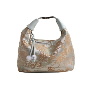 New Chinese style brocade dumpling bag with silk landscape pattern and blue handle