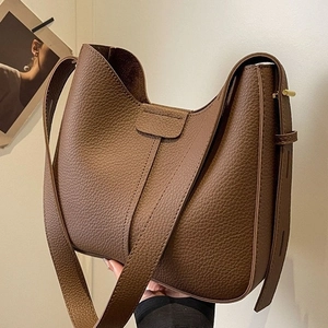 Retro dark brown litchi grain leather hobo shoulder bag with a minimalist design