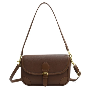 Vintage brown lychee grain leather underarm bag with gold metal buckle and shoulder strap