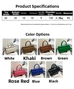 Size chart and color selection of the PU leather handbag including dimensions and strap length