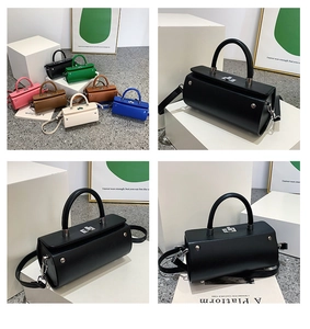 Detail view of stylish cylinder crossbody bags with metallic turn-lock and various colors