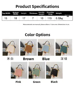 Detailed size chart and multi-color options for the elegant box-style crossbody bag