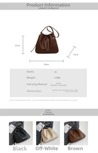 Detail view of leather bucket bag dimensions and three colors in minimalist style