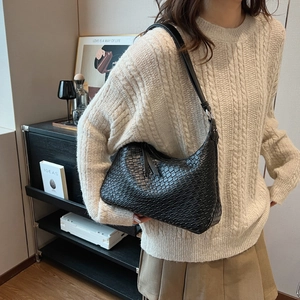 Borsa a secchiello intrecciata nera da donna, borsa a spalla retrò con cerniera lampo